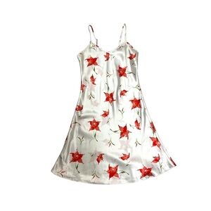 Easy Solution satin slit dress size S mini white & printed red green floral